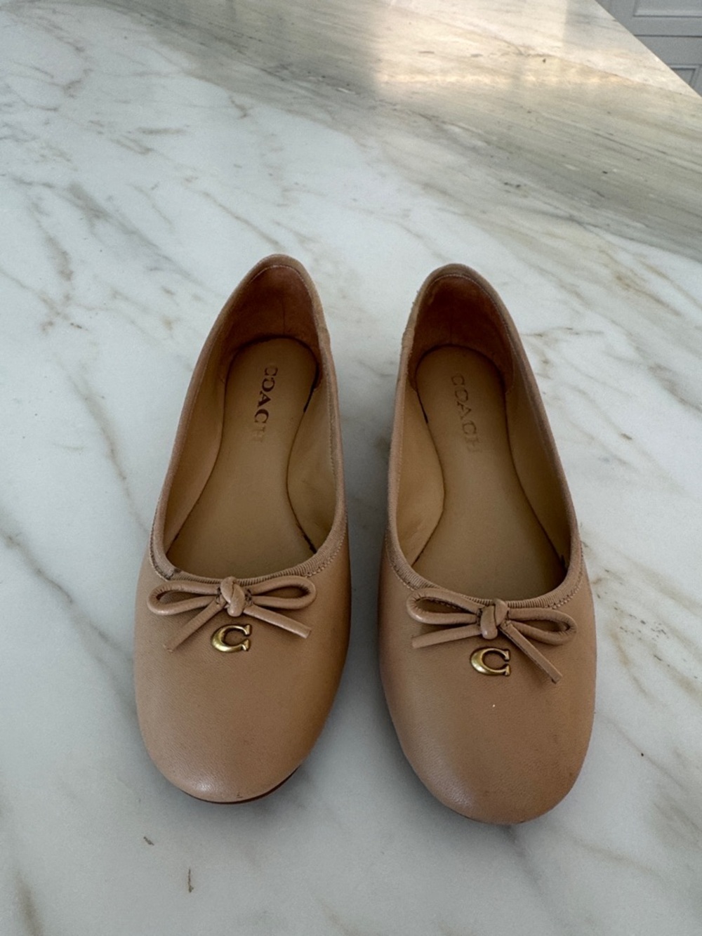COACH Women's Tan Leather Ballet Flats with Signature Charm